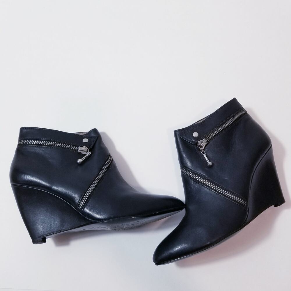 Belle Sigerson Morrison Black Leather Zipper Ankle Boots Wedge Pointed Toe